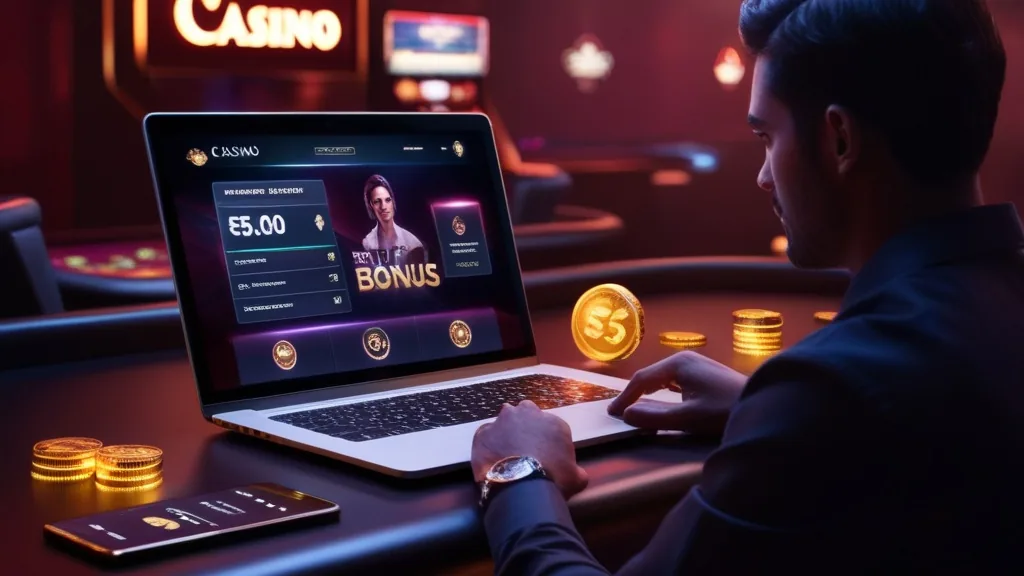 Bestandskunde prüft Bonusangebote im dunklen Casino-Interface
