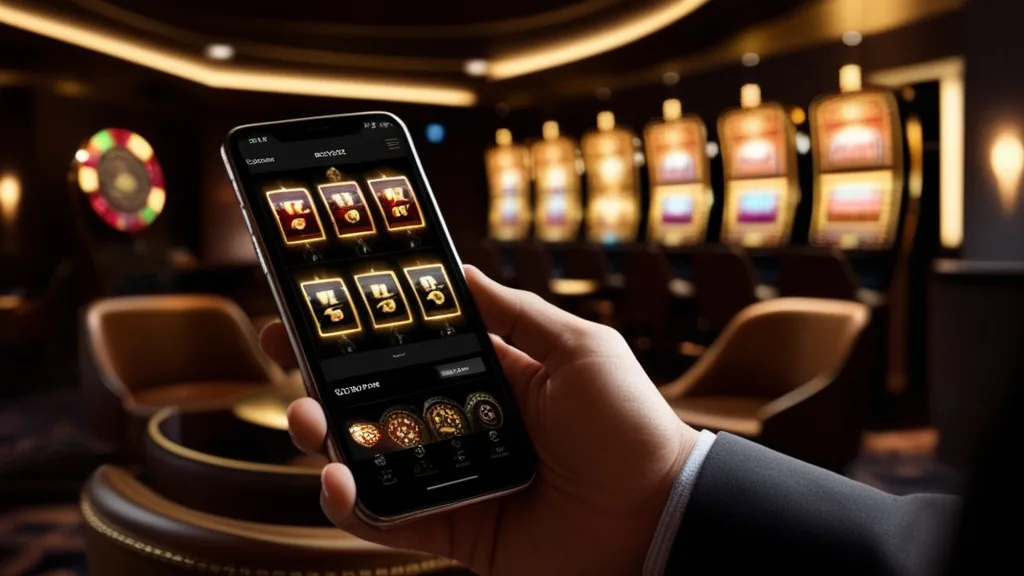 Person spielt unterwegs auf einem Smartphone im Casino-Design