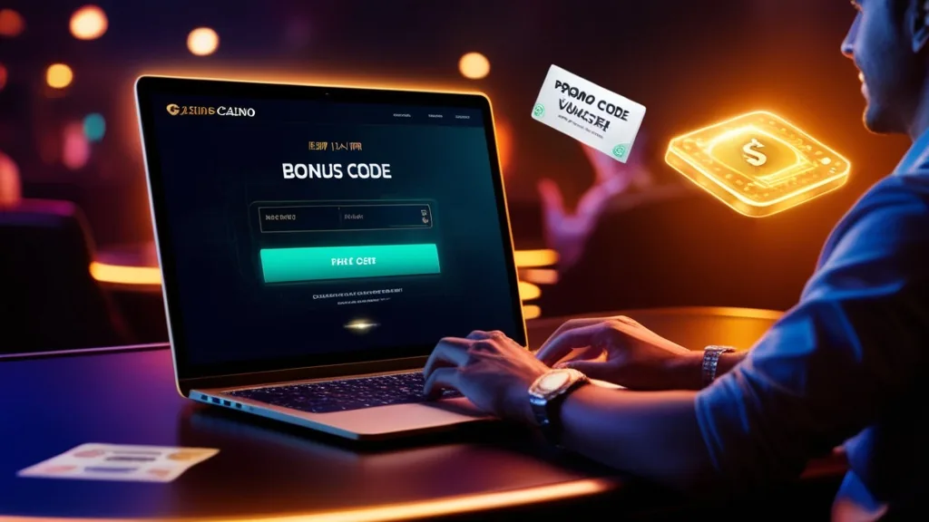 Neuer Spieler prüft einen Bonuscode an einem leuchtenden Casino-Laptop