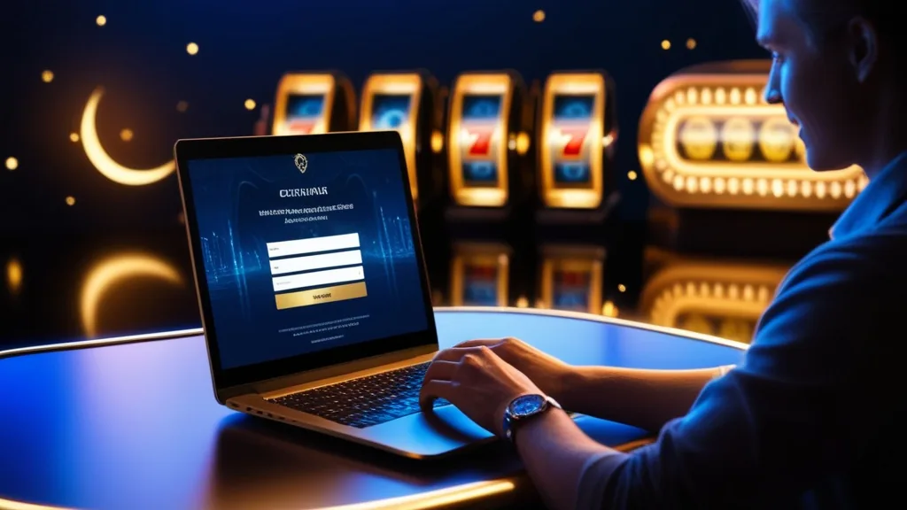 Anmeldeformular mit Casino-Stimmung auf einem Laptop
